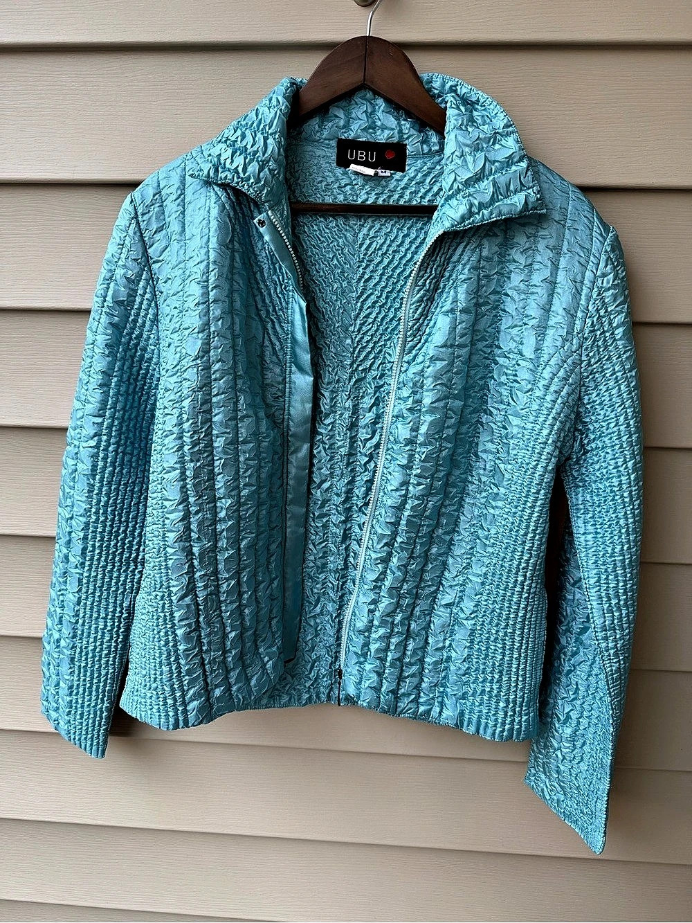 UBU Crinkle Textured Aqua Turquoise Zip Jacket Art to Wear Size M Style 2042